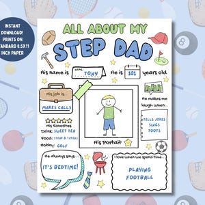 All About My Step Dad Printable Fathers Day Questionnaire for Step Dad Fathers Day Gift from Kids Coloring Page Bonus Dad Questionnaire