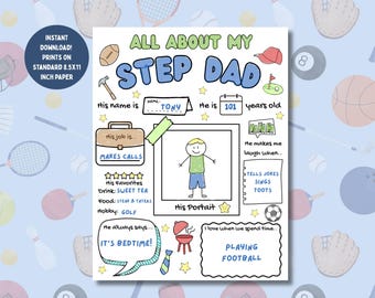 All About My Step Dad Printable Fathers Day Questionnaire for Step Dad Fathers Day Gift from Kids Coloring Page Bonus Dad Questionnaire