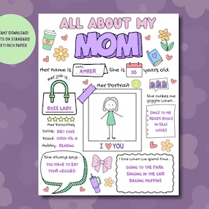 All About My Mom Printable Mother&#39;s Day Questionnaire Mother&#39;s Day Gift from Kids Coloring Activity for Kids DIY Birthday Gift for Mom