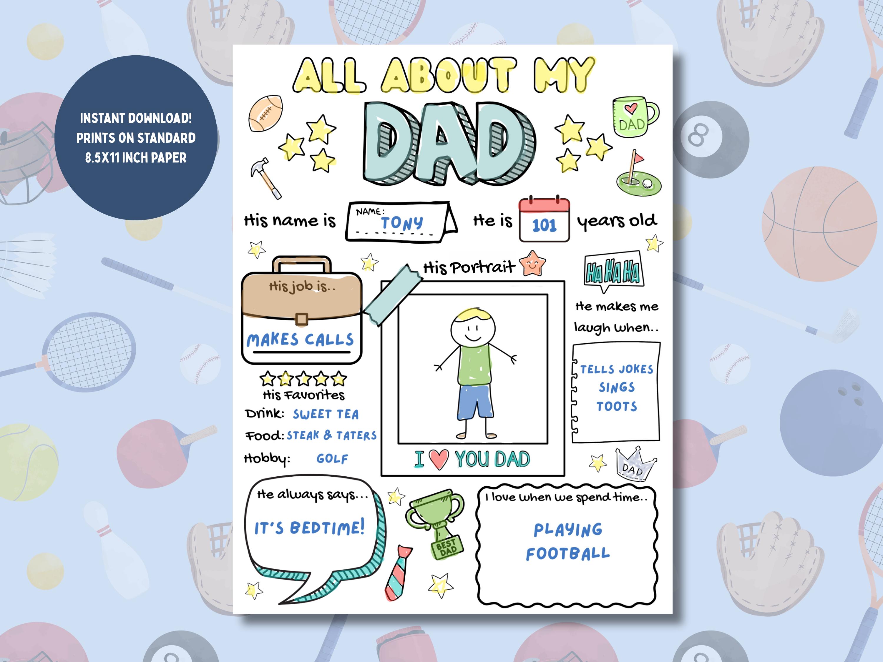 All About My Dad Printable Fathers Day Questionnaire Fathers Day Gift from Kids Coloring Activity for Kids DIY Gift for Dad