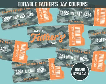 Editable Father&#39;s Day Coupon Book Printable Coupons for Dad Personalized Voucher Tickets from Kids Father&#39;s Day Gift Instant Download