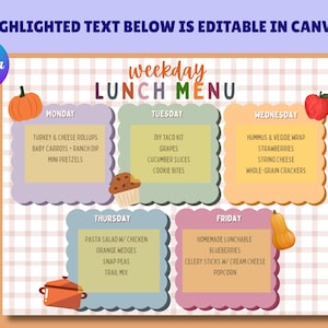 Może przedstawiać: Kolorowy szablon menu obiadowego na dzień powszedni z edytowalnym tekstem w Canva. Menu zawiera tygodniowy plan z pomysłami na posiłki na każdy dzień, w tym roladki z indyka, zestawy do tacos i sałatkę z makaronem. Elementy dekoracyjne.