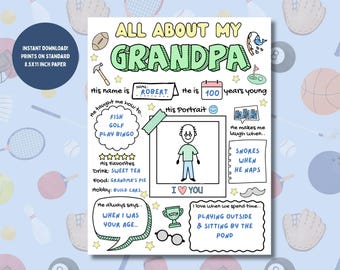 Grandpa Questionnaire Printable: Grandparents Day Gift, Kids Coloring Activity (DIY, PDF Download)