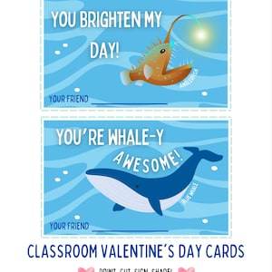 Druckbare Valentinstagskarten für die Vorschule, Valentinstagskarten für Kinder im Klassenzimmer, Geschenkanhänger zum Valentinstag, Ozean-Valentinstagskarten