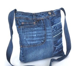 Girl/'s blue jean denim purse bag with frog embroidered