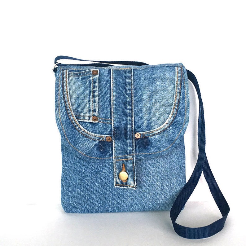 Recycled cross body bag blue jean messenger bag Travel purse | Etsy