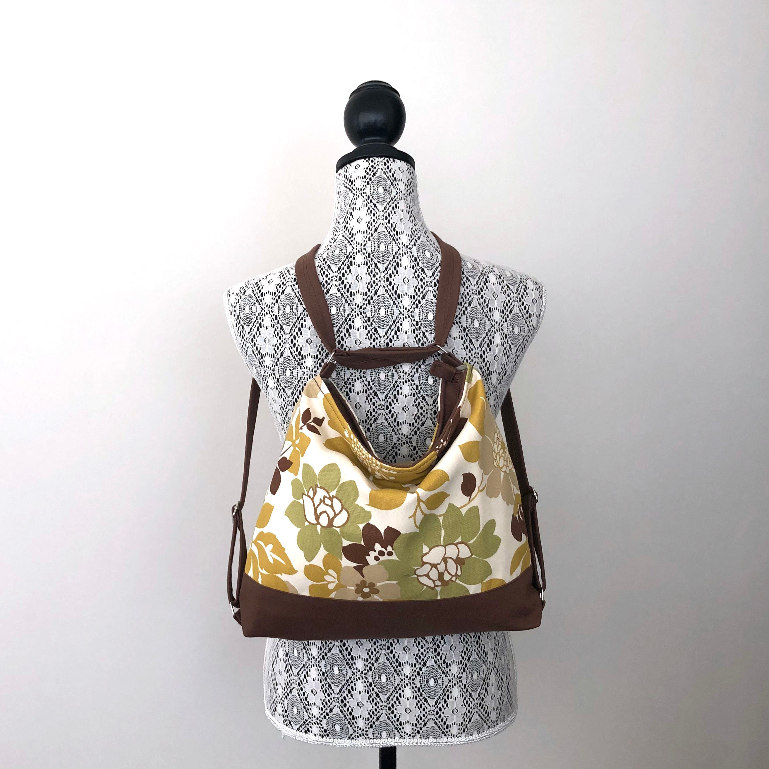 Floral Convertible Backpack: Mustard Yellow Hobo Bag - Etsy display picture 1