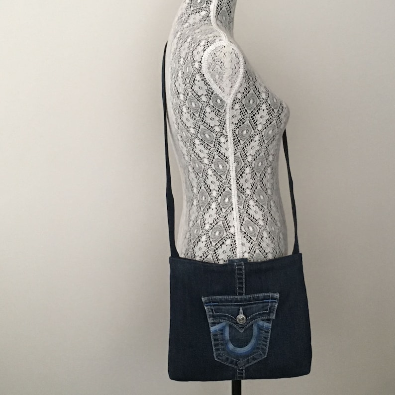 Denim crossbody bag, recycled jean purse, blue jean cross body bag, up cycled denim bag, bags for women, girls side bag, ready to ship image 7