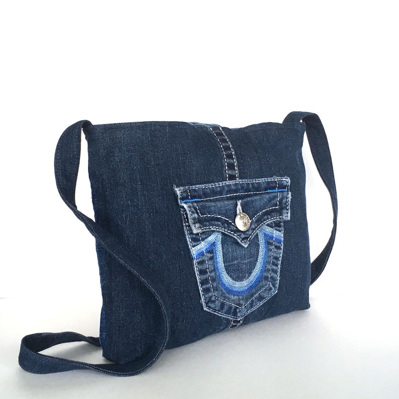 Denim crossbody bag, recycled jean purse, blue jean cross body bag, up cycled denim bag, bags for women, girls side bag, ready to ship image 4