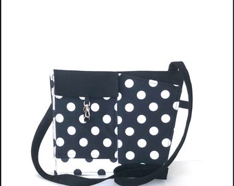 Women sling bag, polka dot side bag, black and white cross body bag, travel bag, walking bag, dark blue purse sling bag for women