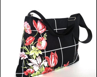 Floral crossbody bag,Black messenger bag,Girls school bag,women side purse,Floral shoulder bag,Cross over hobo bag, Messenger purse, sisoi
