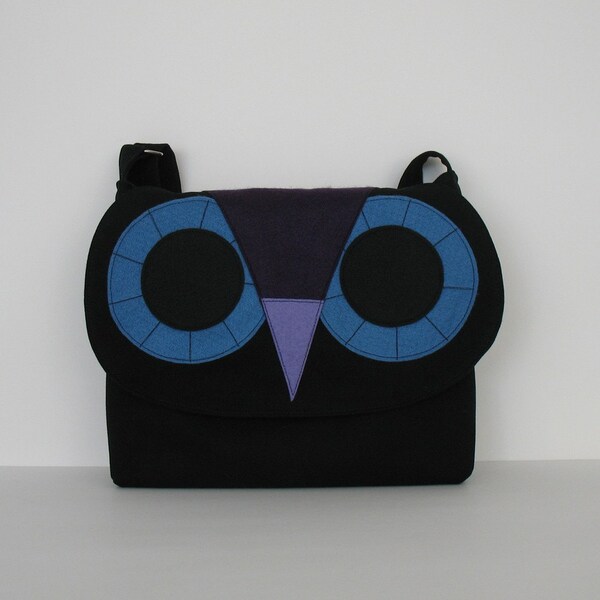Owl messenger bag in black - denim crossbody bag - cotton school bag