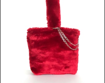 Red Christmas Wristlet Faux fur dressy bag Evening purse Holiday handbag ,Wristlet with top handle