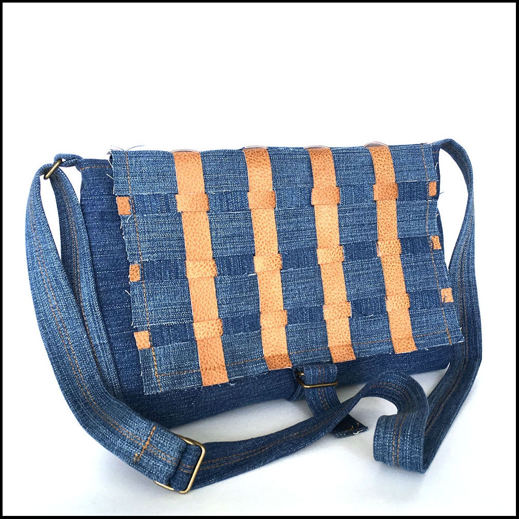 Denim Messenger Bag Recycled Jean Purse Blue Crossbody -  Israel