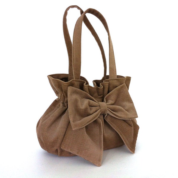 Vegan bow bag , Handmade corduroy handbag in khaki , Bow purse Sisoi  bag with bow Fabric bag Bow handbag Girls purse Canadian shop