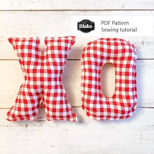 May include: Red and white gingham fabric letters X and O, sewn together to form the word XO.  PDF Pattern Sewing tutorial.