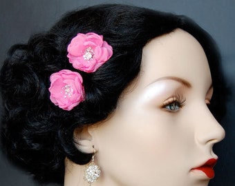 Rosa dama de honor flores, flor niña alfileres de pelo, accesorios de boda - boda mini pelo flor Bobby Pins - Christie en goma de mascar rosa