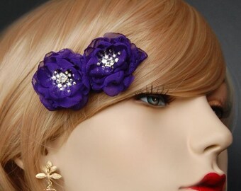 Flower Girl Bobby Pins, Wedding Hair Flowers, Bridal Mini Purple Hair Flower Bobby Pins - Christie in Royal Purple