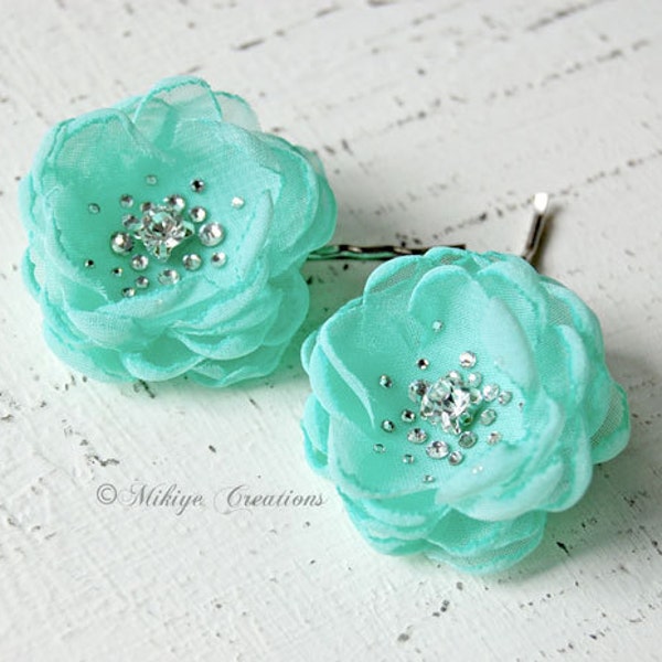 Wedding Bridesmaid Hair Flowers, Flower Girl Hair Pins,  Wedding Mini Hair Flower Bobby Pins, Christie in Mint