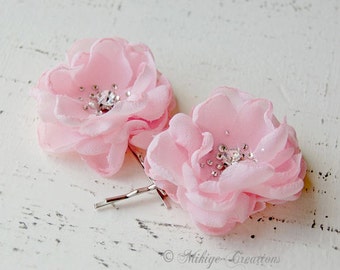 Wedding Accessories, Flower Girl Hair Pins,  Bridesmaids Hair Flowers,  Bridal Mini Pastel Pink Hair Flower Bobby Pins - Christie in Pink