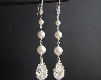 Bridal Chandelier Earrings, Swarovski Crystal Pearl Cubic Zirconia Drop Earrings, Wedding Accessories, Pearl Earrings  - Glistening Samantha