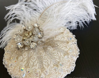 Bridal White Vintage Inspired Lace Floral Feather Head Piece