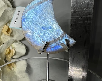 Flashy Moonstone Moon Carving on Stand
