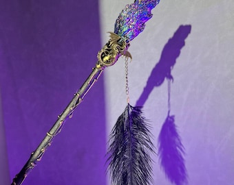 Rainbow Aura Black Tourmaline Wand: Dragon Charm & Feathers