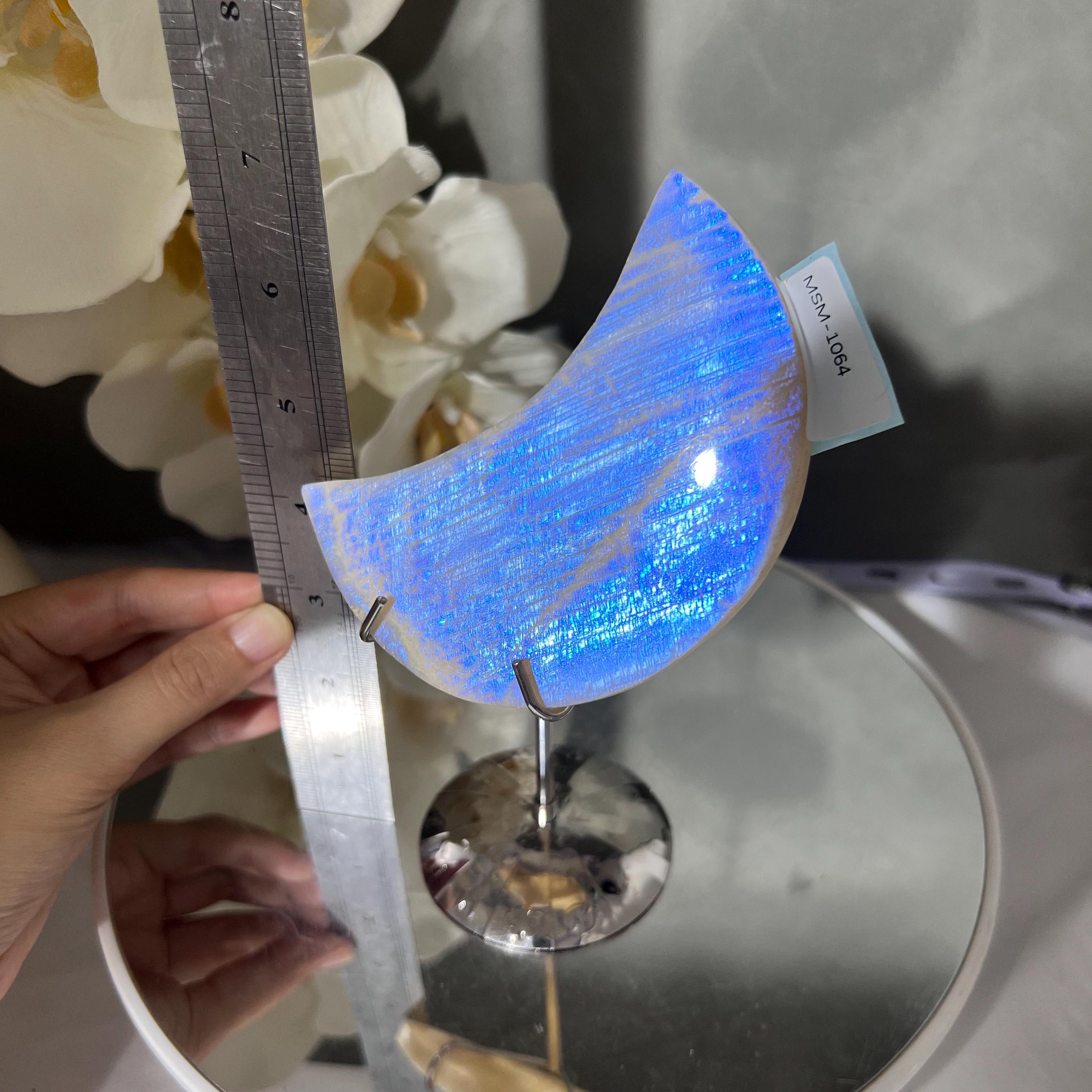 Flashy Moonstone Moon Carving on Stand