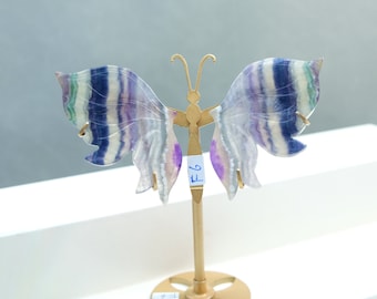 Blue Fluorite Rainbow Fluorite Green Fluorite  Crystal Butterfly Wings Lovely Gifts Custom Carving on Stand