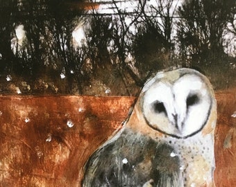 Owl art print/limited series / mixed media art/Heather Murray art/ nature art/ woodland painting/wildlife art/unique wall art/owl