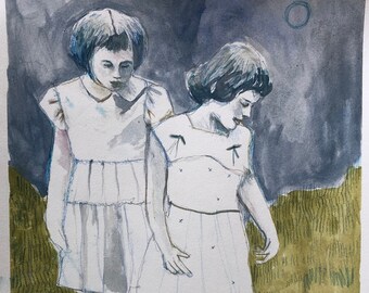 Vintage girls painting /original art on paper/ toad/vintage portrait in blue /  gouache/Heather Murray/one of a kind/ 9x12"/collectable art