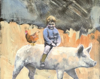 quality art print/vintage rural boy portrait/pig and hen/limited series/from acrylic painting/ vintage farm children/Heather Murray art