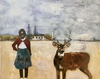 unique art print/quality paper/ child and deer/ story in art/ mixed media artist/ Heather Murray/ vintage theme/ limited series prints