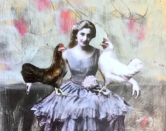 funky art  print /vintage woman and her chickens/ chicken art/unique wall art/limited series /quality art print/ Heather Murray