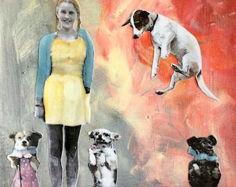 Art print/vintage girl /limited  number/ mixed media painting/performing dogs/ Heather  Murray art/pink  and blue shades/ circus theme