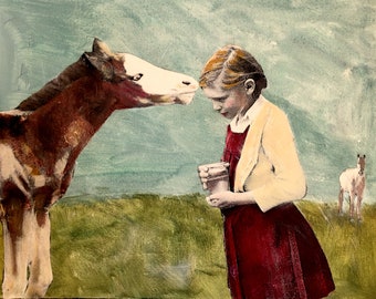 Art print of vintage girl /girl with horse/limited  number/ mixed media painting/ human animal bond/heather murray art/unique wall art