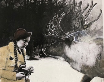 Vintage girl print/ limited  series/ art  print /Heather Murray/mixed media artist/collectable art /  girl & camera / reindeer /winter art