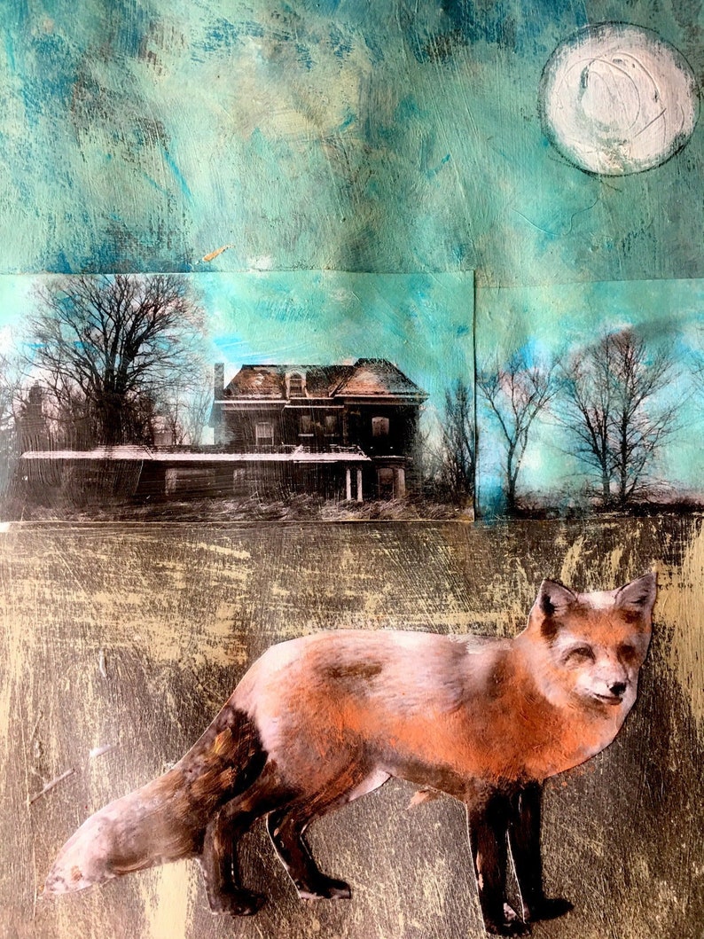 Art print/fox in the night/nature art/wildlife/ mixed media art/Heather Murray /quality print/ acrylic /unique wall art/limited series image 1