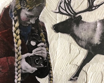 Vintage girl print/ limited  series/ art  print /Heather Murray/mixed media artist/collectable art /  girl with camera / reindeer /