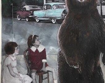 Bear and children art /original painting/gouache on watercolor paper/vintage art story/original art/collectable /Heather Murray /mixed media