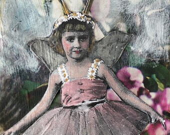 Fairy child painting/series/mixed media/original gouache and acrylic/painting on canvas/vintage/collectable/unique art /4x4"/ Heather Murray