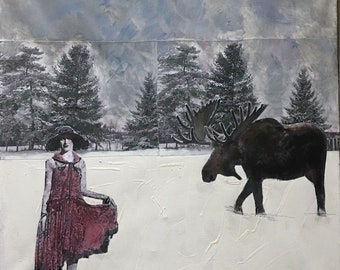 moose painting/ mixed media art/20x20"/vintage flapper woman /unique wall art/moose art/Heather Murray art/Collectable art/Canadian artist