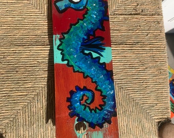 RhondaK Handpainted blue green seahorses on driftwood like Wood L 6” x 16”