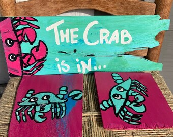 RhondaK Three Crab paintings  on Driftwood like wood Coastal Decor Beach Art one wood sign says The Crab is In