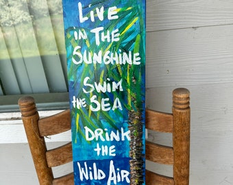 Emerson saying about the wild sea on smooth pine with RhondaK tastic palm tree with rich blues and frees coastal beach art ready to hang