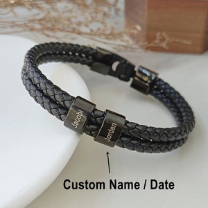Personalized Braided Leather Men&#39;s Bracelet: Engraved Name Stainless Steel Clasp