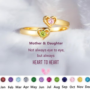 Personalized Double Heart Birthstone Ring: Sterling Silver Mother Daughter Ring