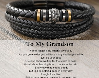 To My Grandson, I Will Always Be With You Double Row Bracelet, Men's Leather Bracelet, Graduation Gift From Grandma, Birthday Christmas Gift