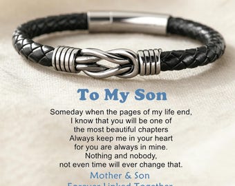 Braided Men's Leather Bracelet, Engraved Stainless Steel Clasp, Mother Son Gift